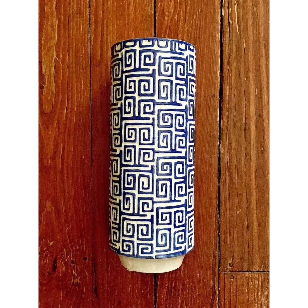 Vtg Inspired Blue White Greek Key Ceramic Vase Chinoiserie Hollywood Regency 10